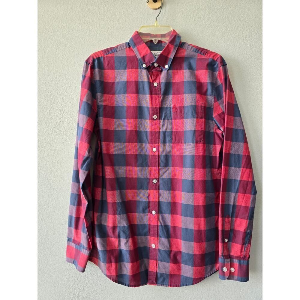 Original Penguin Gingham Shirt Red Navy Men's S Button Down Cotton Blend Preppy